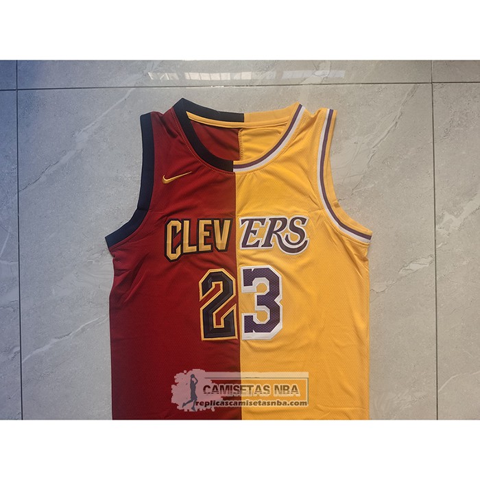 Camiseta Cleveland Cavaliers Los Angeles Lakers LeBron James NO 23 Split Rojo Amarillo